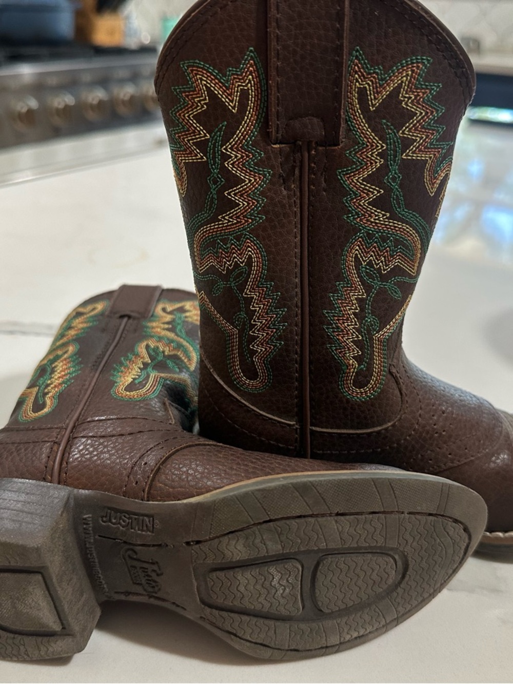 Justin Boots Brown Leather Western Boots with Multicolor Stitching - Picture 2 of 4